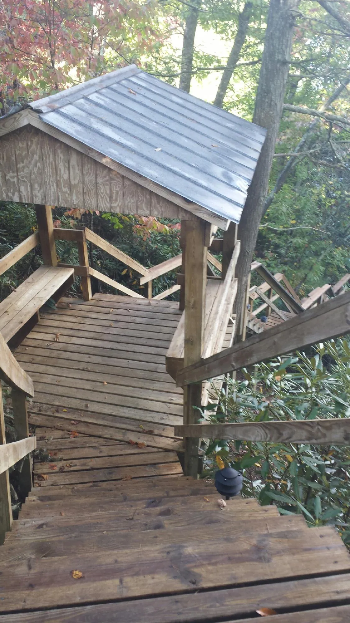 Metal roofed shelter over wooden steps on a wooded walkway — Skylight Repair & Installation work by our crew in Castalia